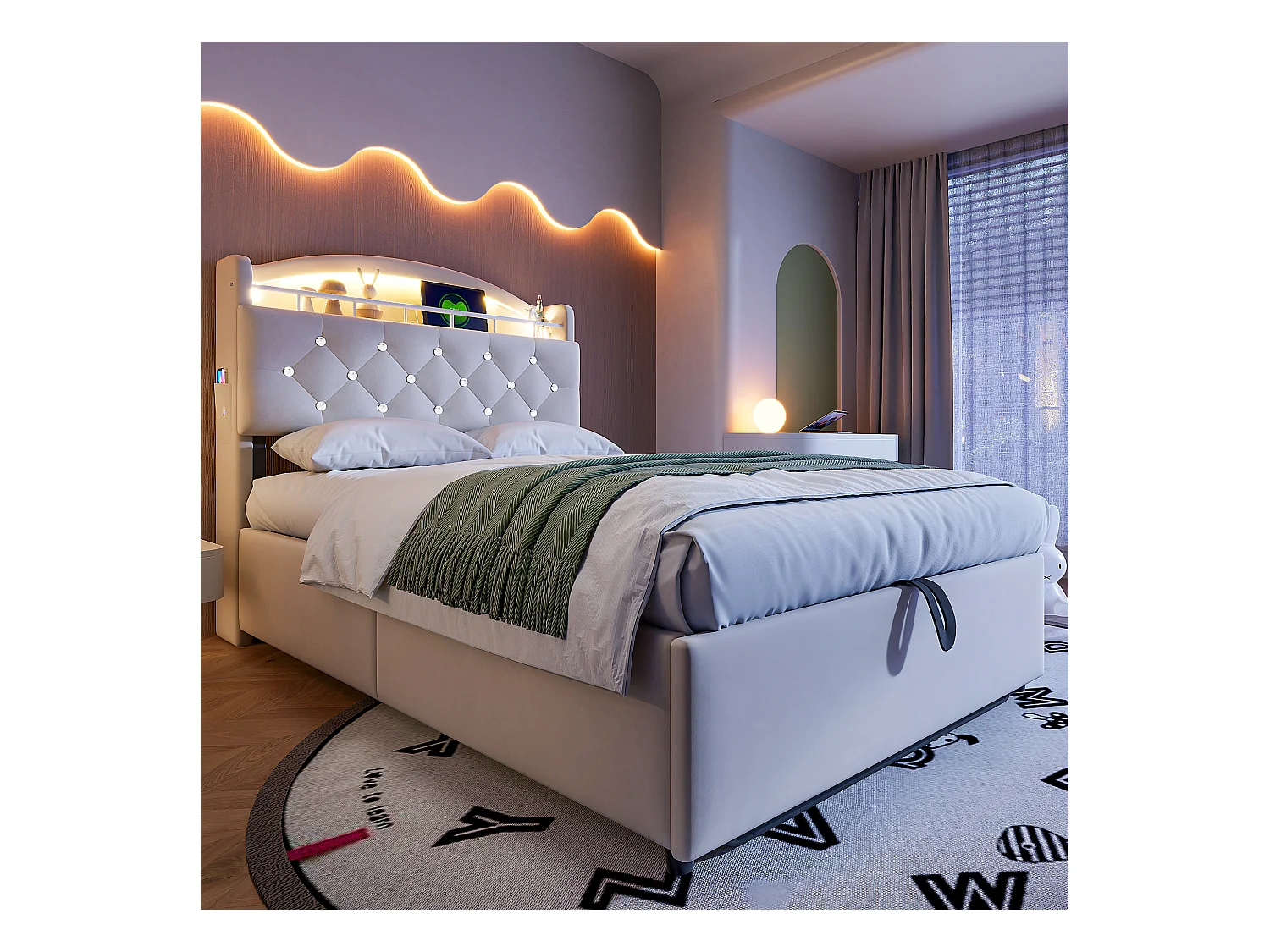 Cama infantil de 90x200 cm en terciopelo beige con LED, puerto USB y almacenaje – Cama individual multifuncional