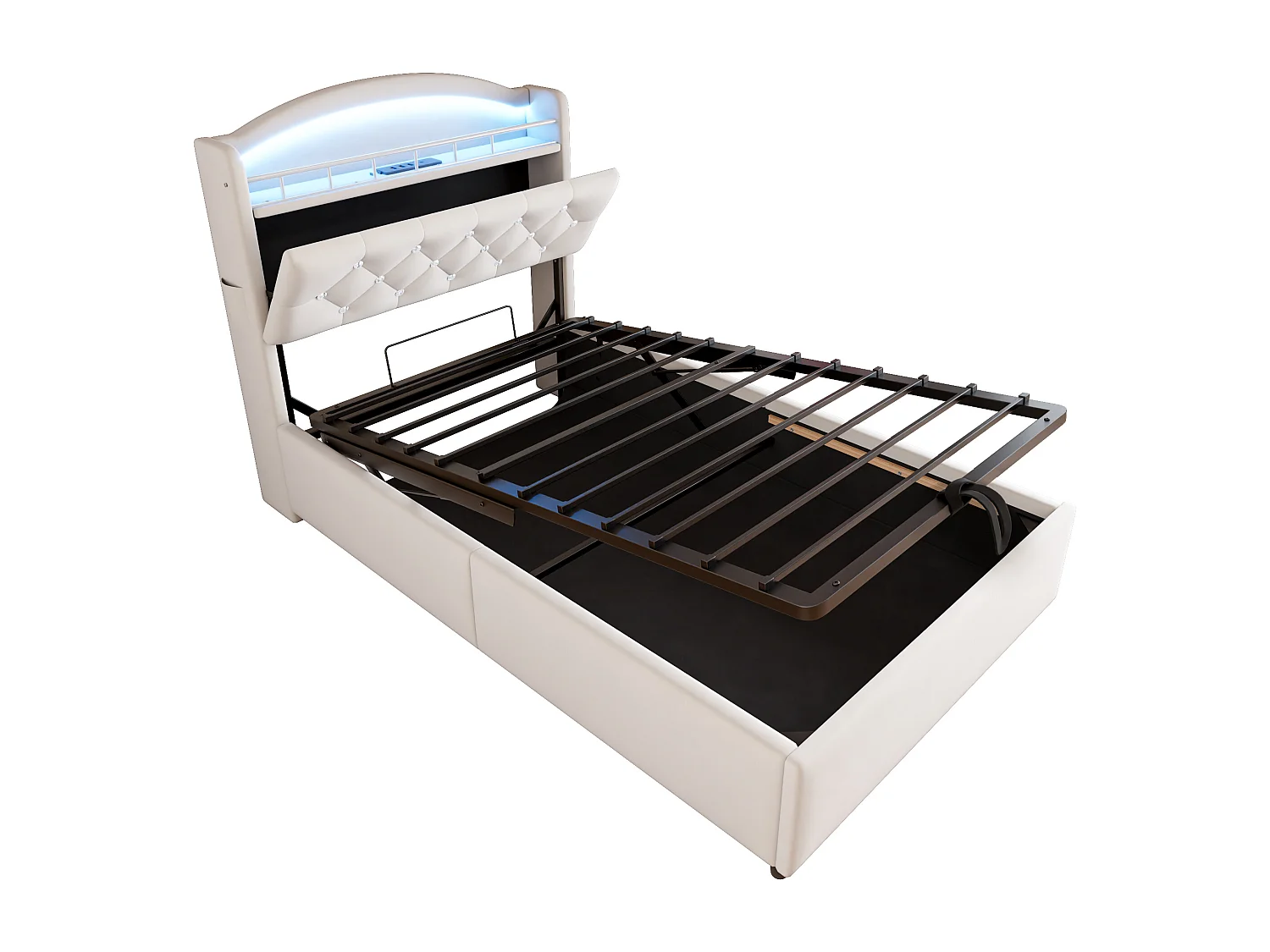 Cama infantil de 90x200 cm en terciopelo beige con LED, puerto USB y almacenaje – Cama individual multifuncional