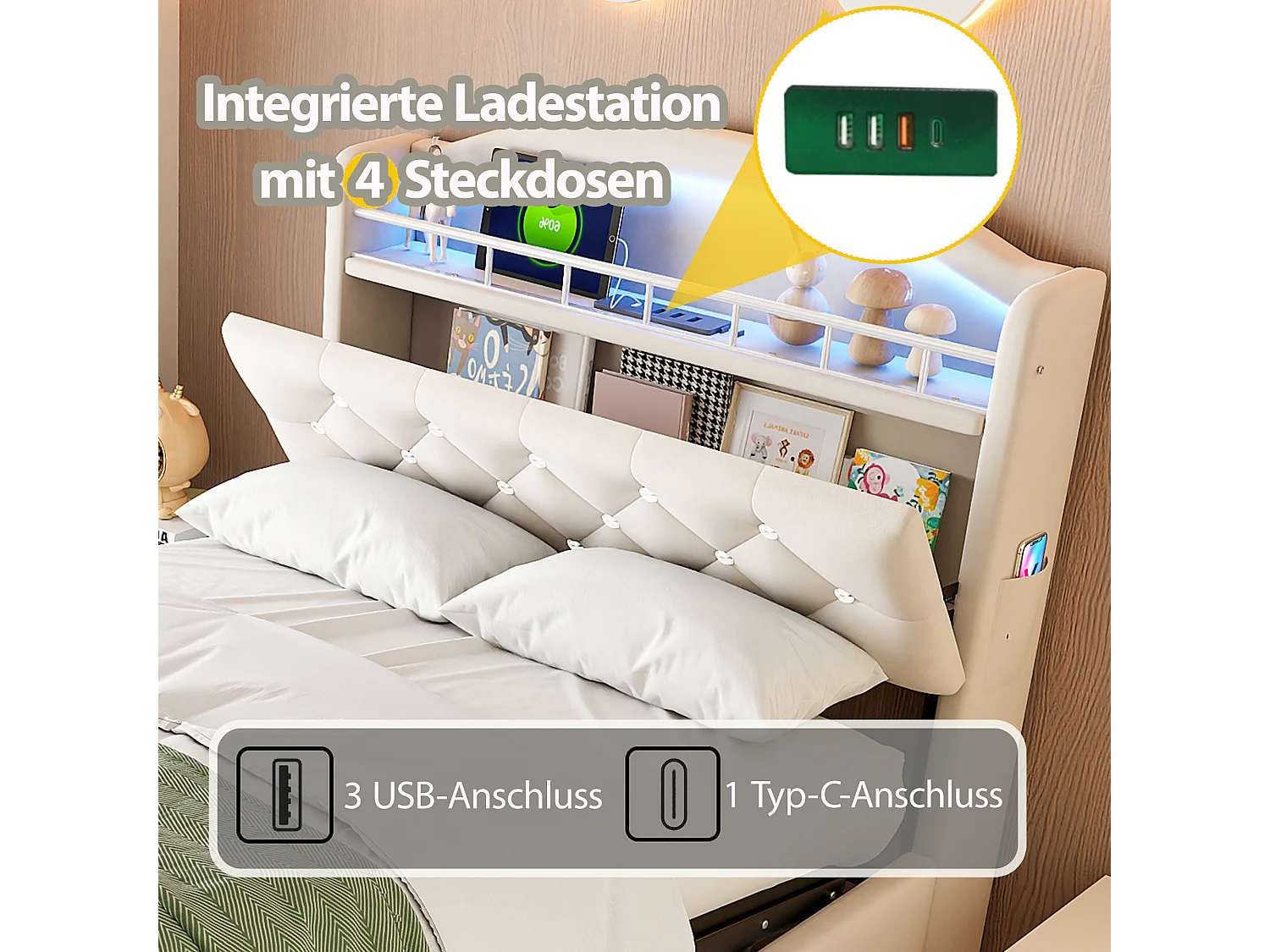 Kinderbett 90x200 cm in beigem Samt mit LED, USB-Anschluss und Stauraum – Multifunktionales Einzelbett