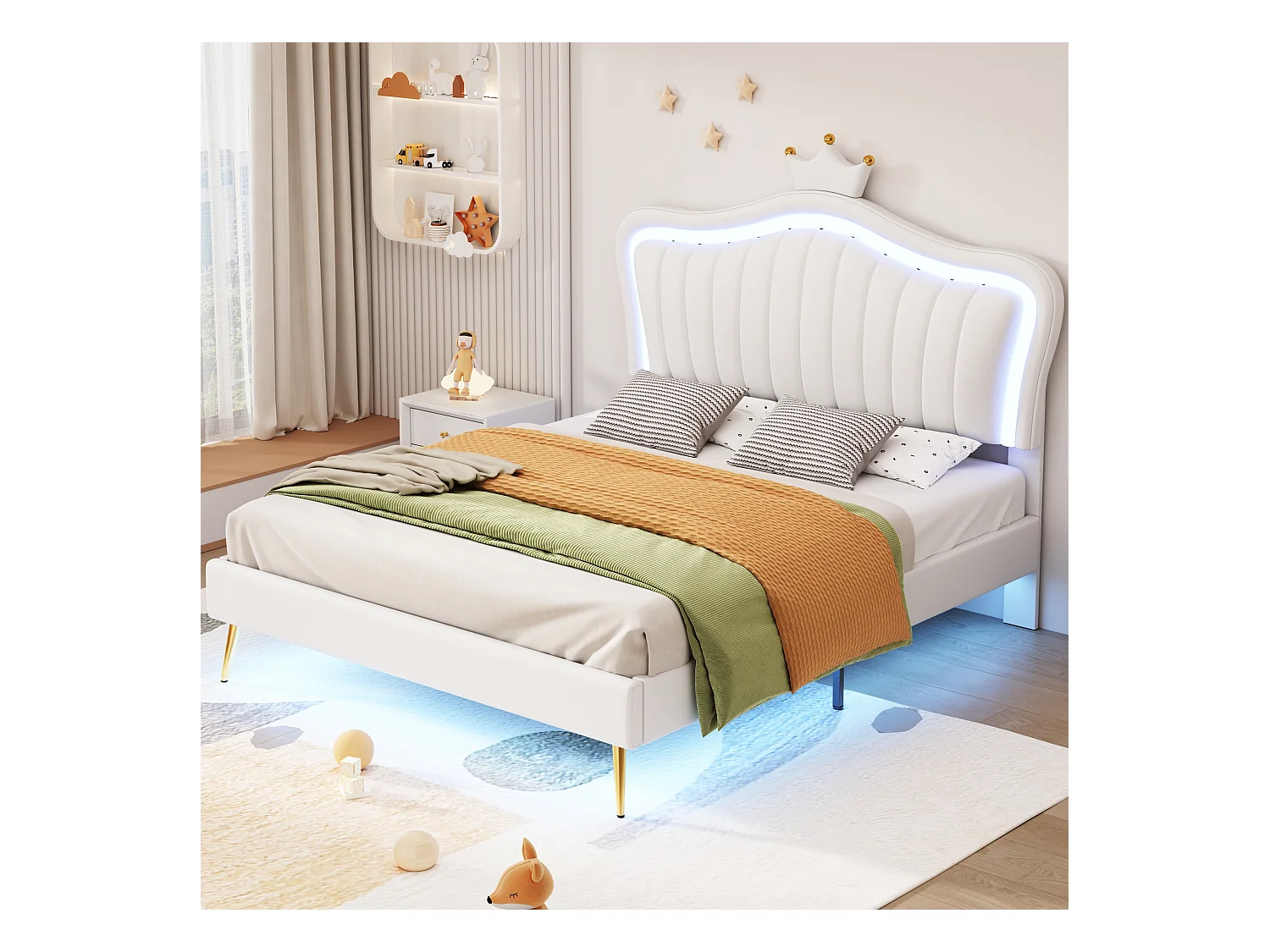 Letto per bambina 140x200 cm in similpelle bianca - Testiera Crown con LED, base e schienale inclusi, senza materasso