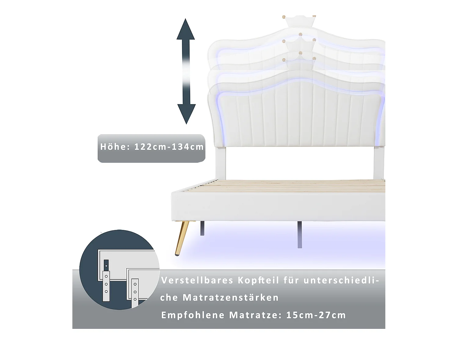 Letto per bambina 140x200 cm in similpelle bianca - Testiera Crown con LED, base e schienale inclusi, senza materasso