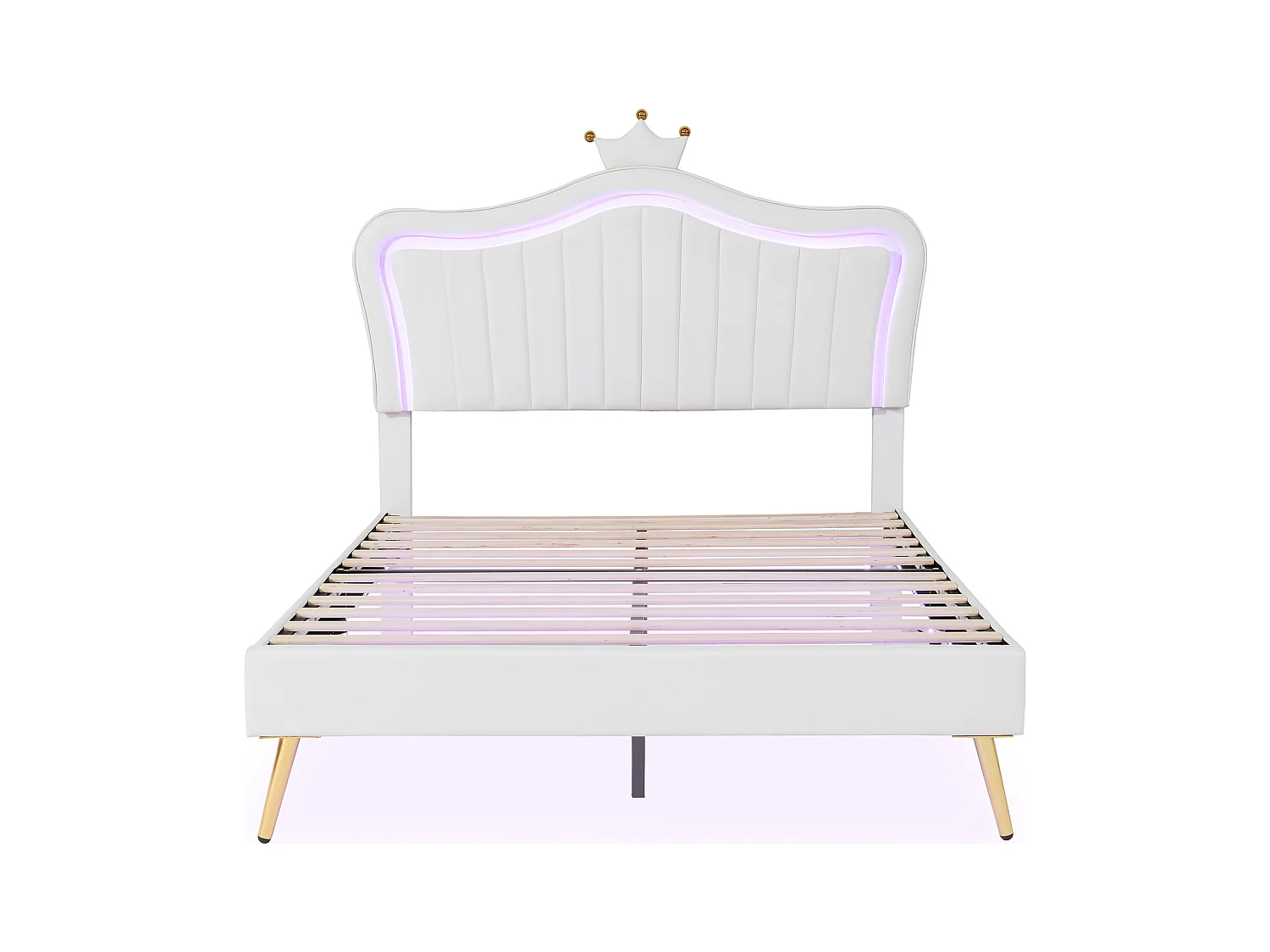 Letto per bambina 140x200 cm in similpelle bianca - Testiera Crown con LED, base e schienale inclusi, senza materasso