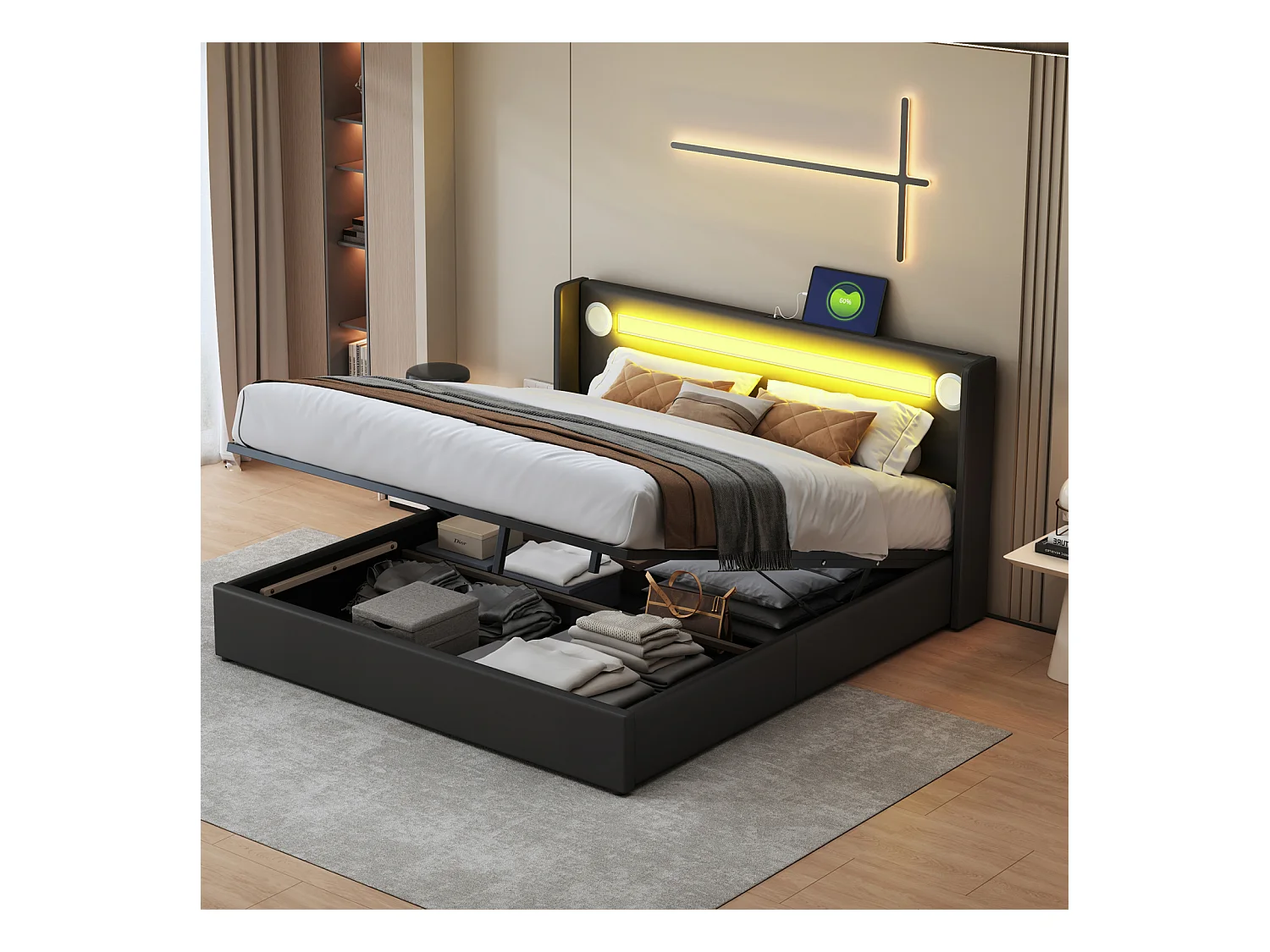 Lit double 160x200 cm en simili cuir noir – LED, lecteur Bluetooth, port USB et coffre de rangement avec sommier