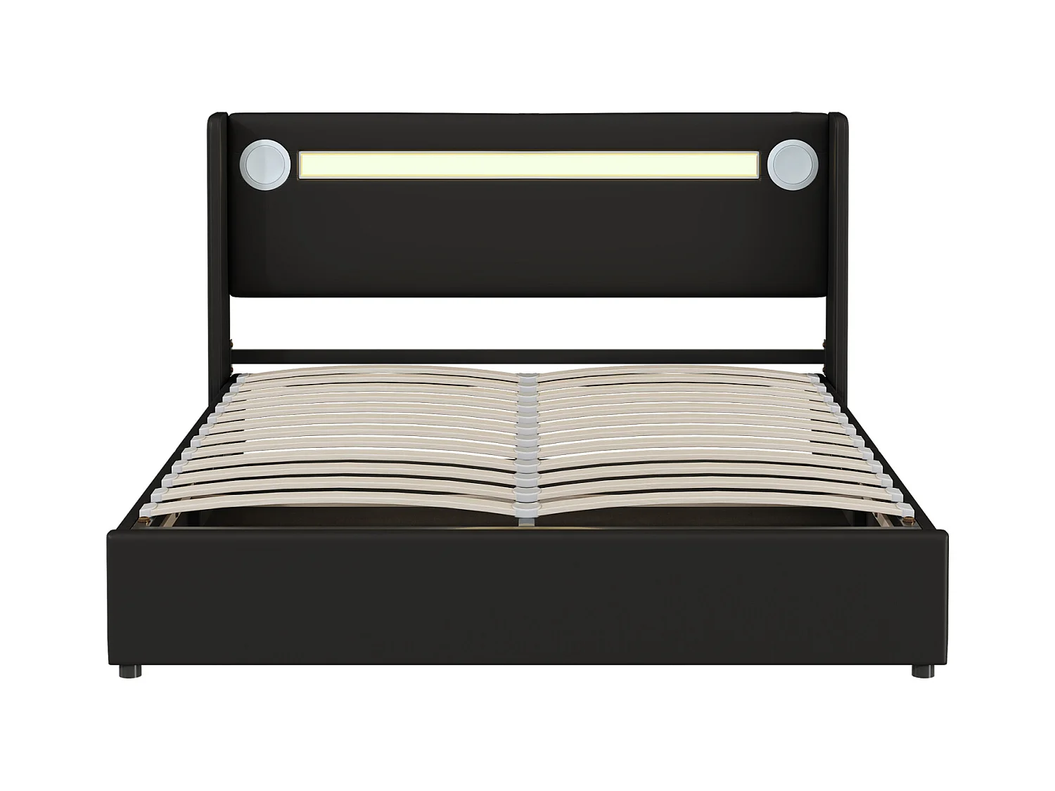 Lit double 160x200 cm en simili cuir noir – LED, lecteur Bluetooth, port USB et coffre de rangement avec sommier
