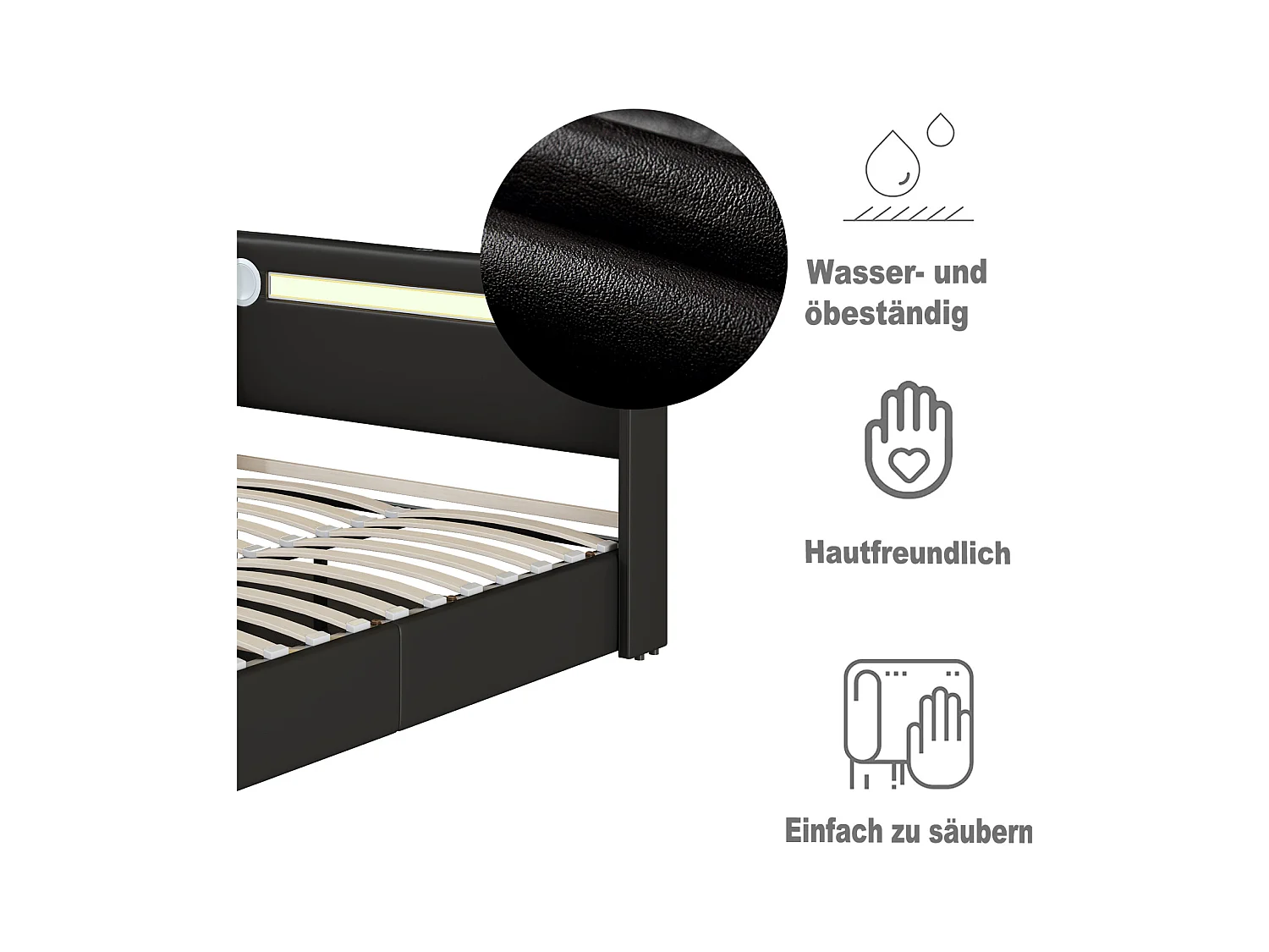 Doppelbett 160x200 cm in schwarzem Kunstleder - LED, Bluetooth-Player, USB-Anschluss und Aufbewahrungsbox mit Sockel
