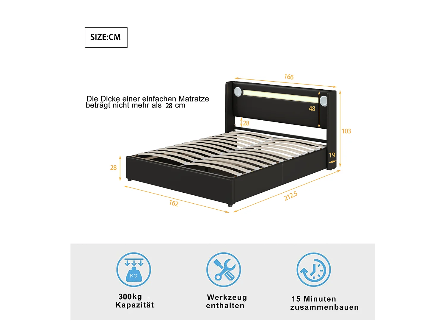 Doppelbett 160x200 cm in schwarzem Kunstleder - LED, Bluetooth-Player, USB-Anschluss und Aufbewahrungsbox mit Sockel