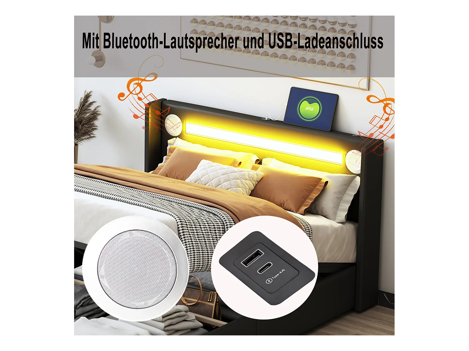 Doppelbett 160x200 cm in schwarzem Kunstleder - LED, Bluetooth-Player, USB-Anschluss und Aufbewahrungsbox mit Sockel