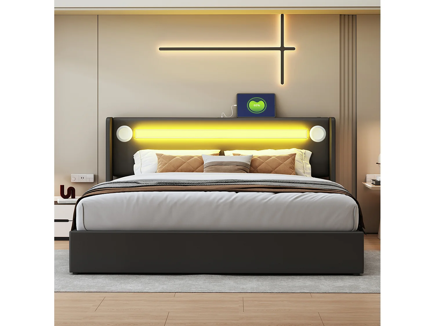 Tweepersoonsbed 160x200 cm in zwart imitatieleer - LED, Bluetooth-speler, USB-poort en opbergvak met voet