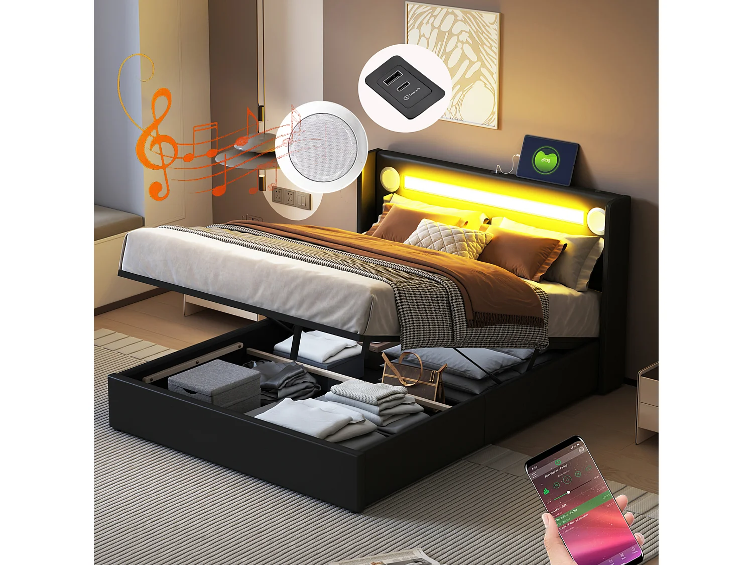 Tweepersoonsbed 160x200 cm in zwart imitatieleer - LED, Bluetooth-speler, USB-poort en opbergvak met voet