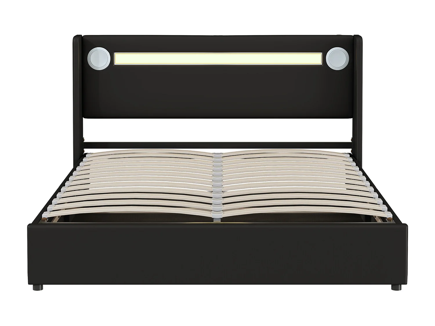 Tweepersoonsbed 160x200 cm in zwart imitatieleer - LED, Bluetooth-speler, USB-poort en opbergvak met voet