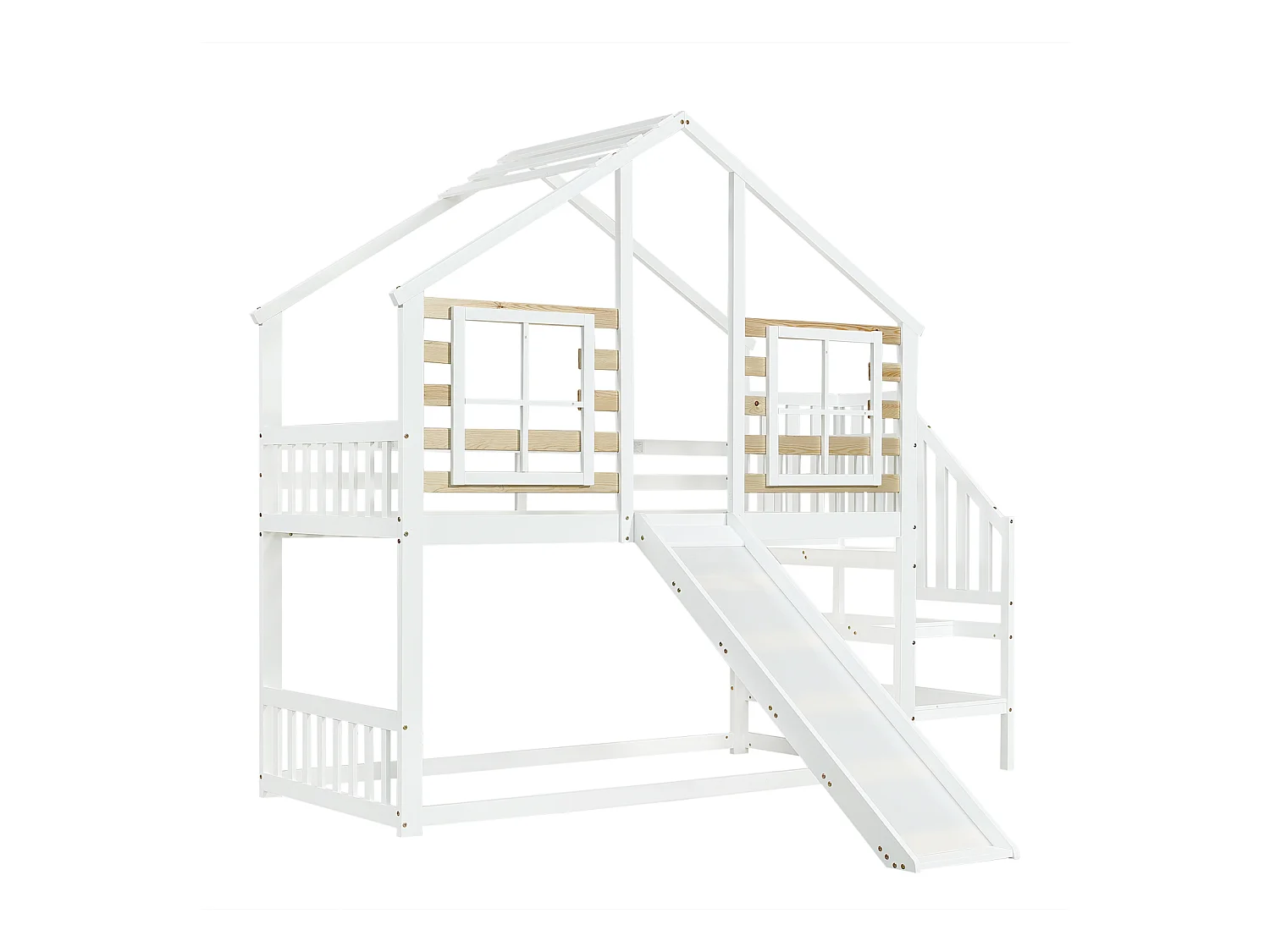 Hochbett 90x200 cm in Massivholz weiß - Mit Rutsche, Fenster, Treppe und Absturzsicherung