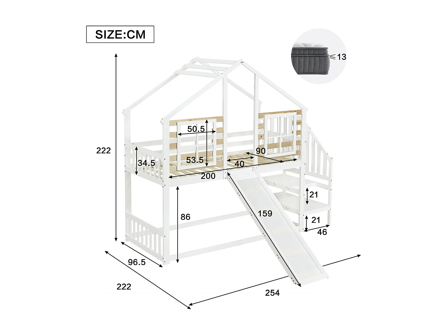 Letto a castello cabina 90x200 cm in legno massello bianco - Con scivolo, finestre, scale e barriera di sicurezza