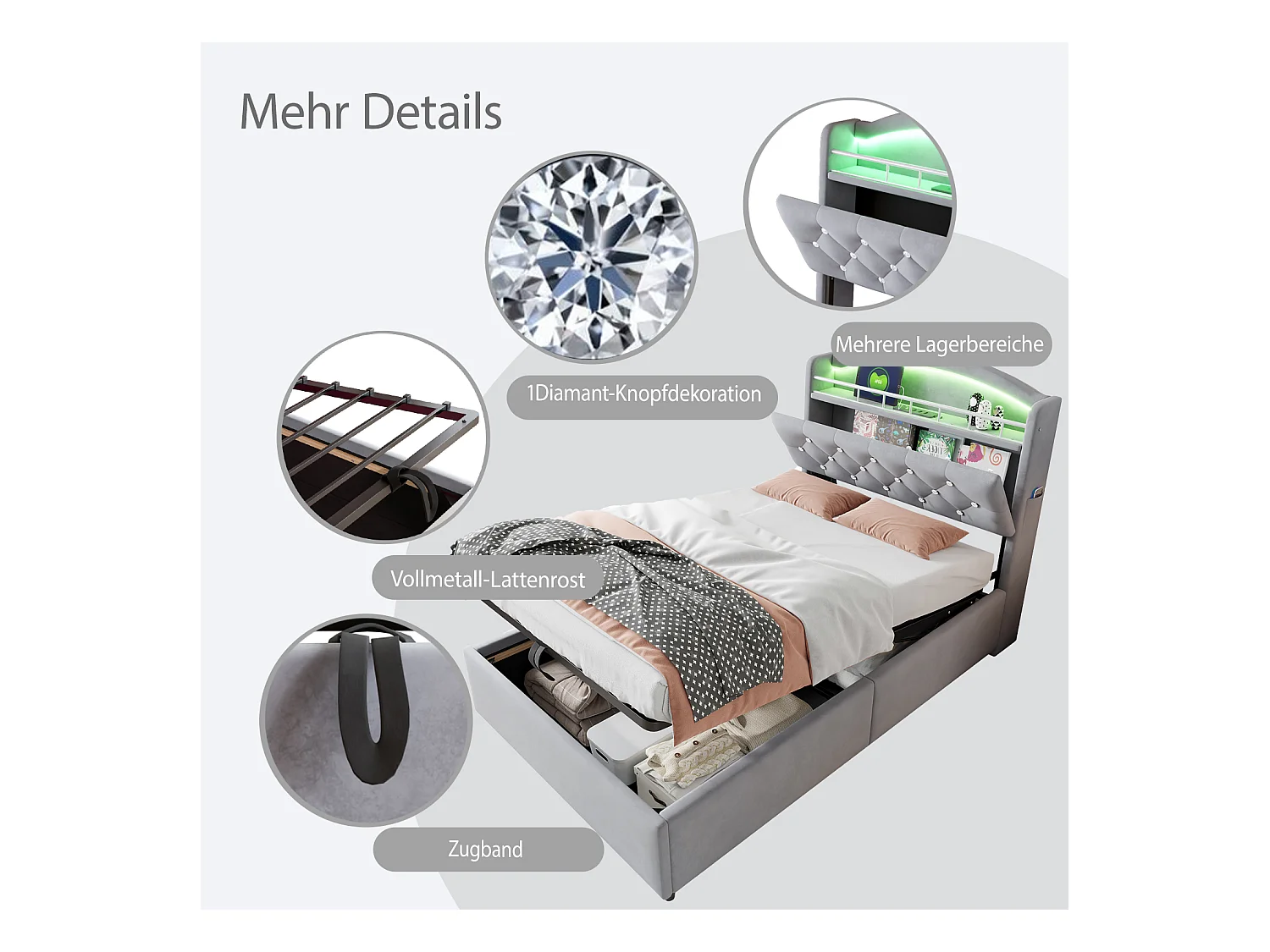 Cama infantil 90x200 cm en terciopelo gris - Cama multifuncional con almacenaje, LED y puerto USB