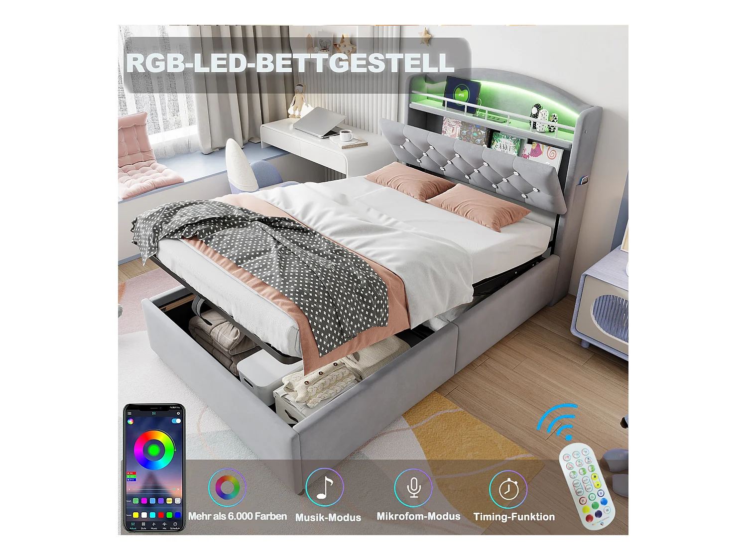 Cama infantil 90x200 cm en terciopelo gris - Cama multifuncional con almacenaje, LED y puerto USB