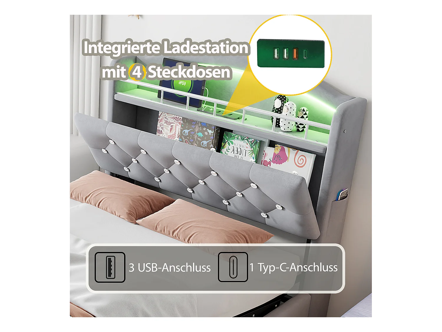 Cama infantil 90x200 cm en terciopelo gris - Cama multifuncional con almacenaje, LED y puerto USB