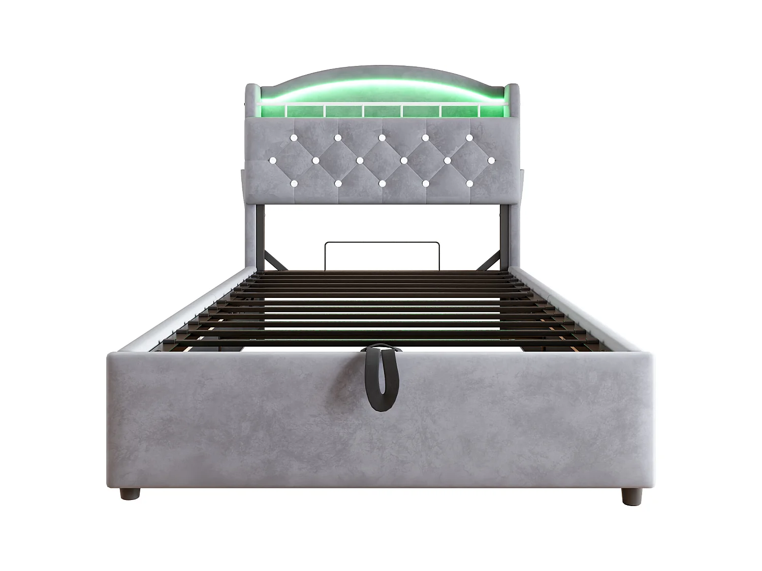 Cama infantil 90x200 cm en terciopelo gris - Cama multifuncional con almacenaje, LED y puerto USB