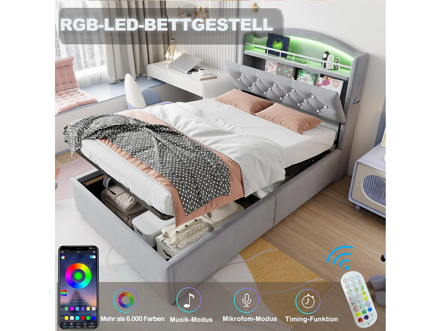 Cama infantil 90x200 cm em veludo cinza - Cama multifuncional com arrumação, LED e porta USB