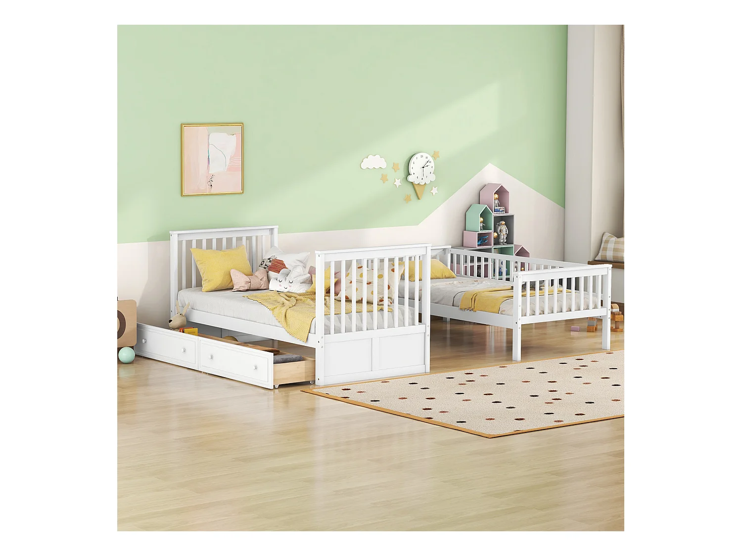 Funktionelles Etagenbett 90x200 cm aus weißem Holz - Mit Schubladen und umbaubarem Bett, für Kinder