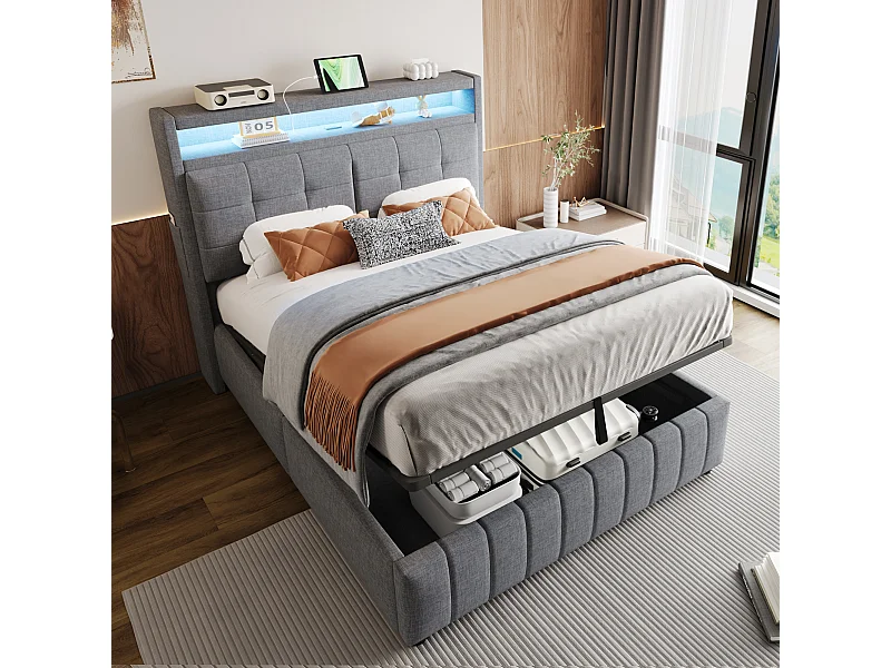 Tweepersoonsbed 160x200 cm in grijze stof met LED en USB-aansluiting - Hoofdbord met opbergruimte, geïntegreerde hydraulische opbergruimte