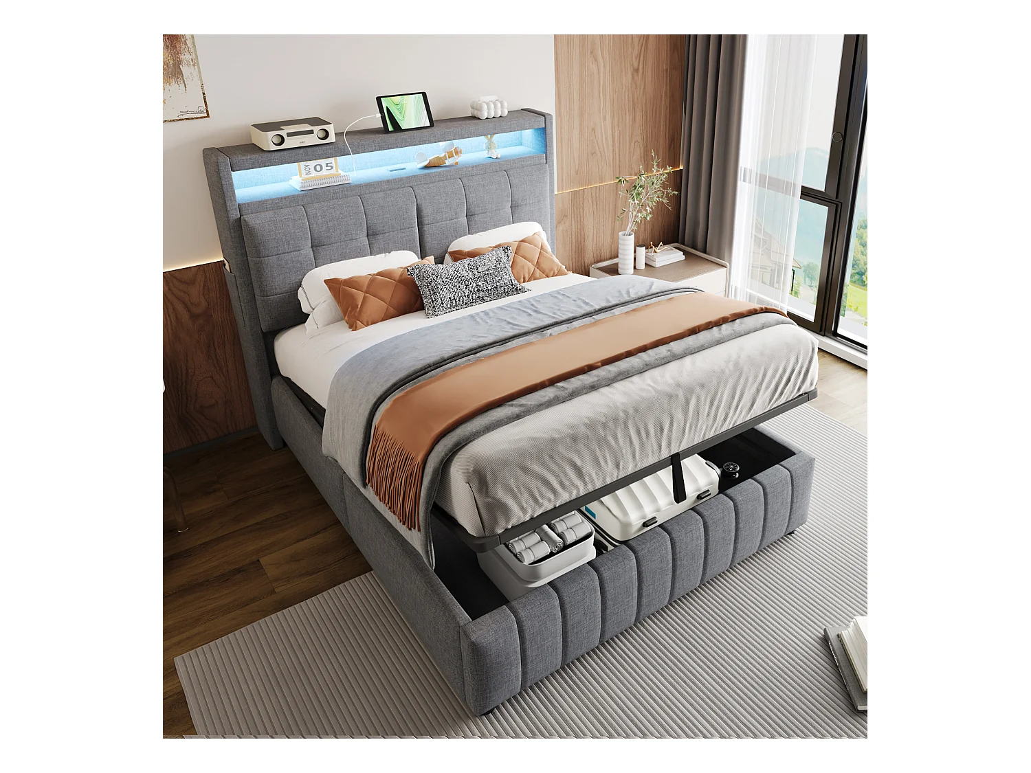 Tweepersoonsbed 160x200 cm in grijze stof met LED en USB-aansluiting - Hoofdbord met opbergruimte, geïntegreerde hydraulische opbergruimte