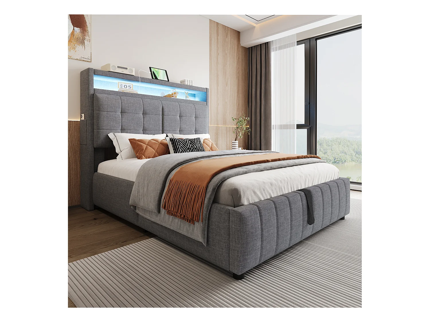 Tweepersoonsbed 160x200 cm in grijze stof met LED en USB-aansluiting - Hoofdbord met opbergruimte, geïntegreerde hydraulische opbergruimte