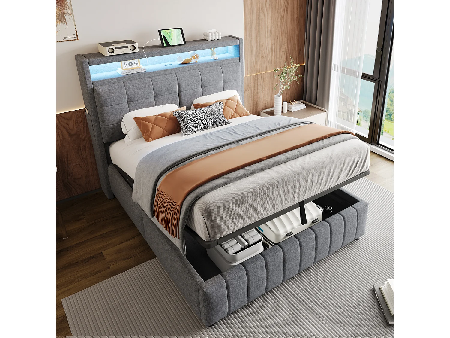 Tweepersoonsbed 160x200 cm in grijze stof met LED en USB-aansluiting - Hoofdbord met opbergruimte, geïntegreerde hydraulische opbergruimte