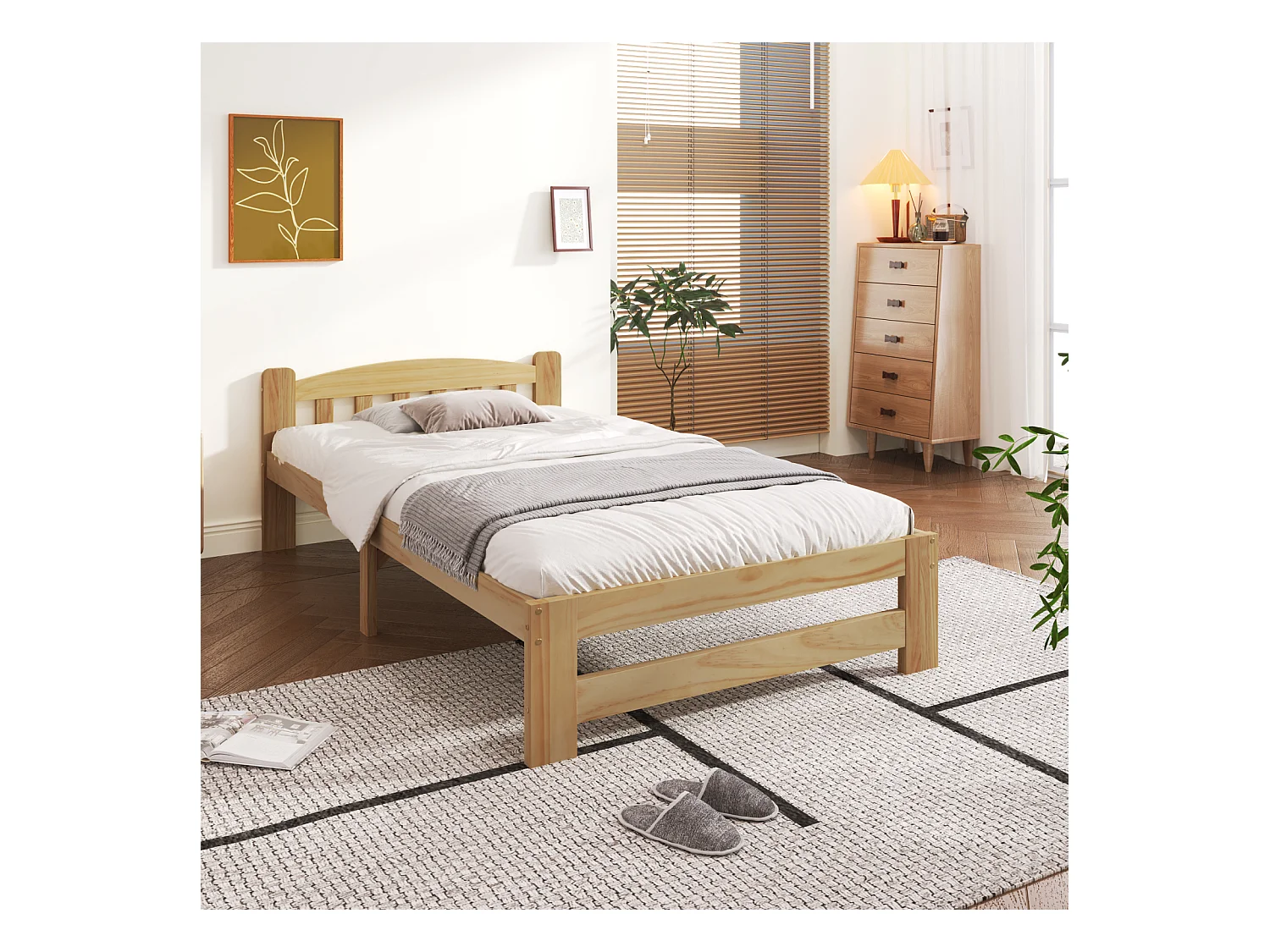 Eenpersoonsbed 90x200 cm in natuurlijk massief hout met hoofdeinde en bedbodem – Futon-stijl, voor tieners of volwassenen