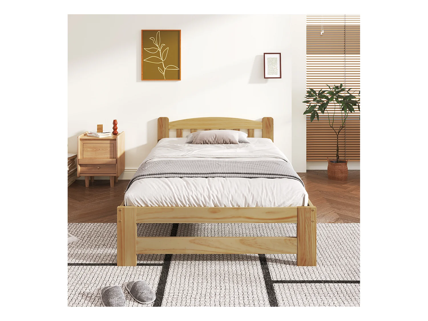 Eenpersoonsbed 90x200 cm in natuurlijk massief hout met hoofdeinde en bedbodem – Futon-stijl, voor tieners of volwassenen