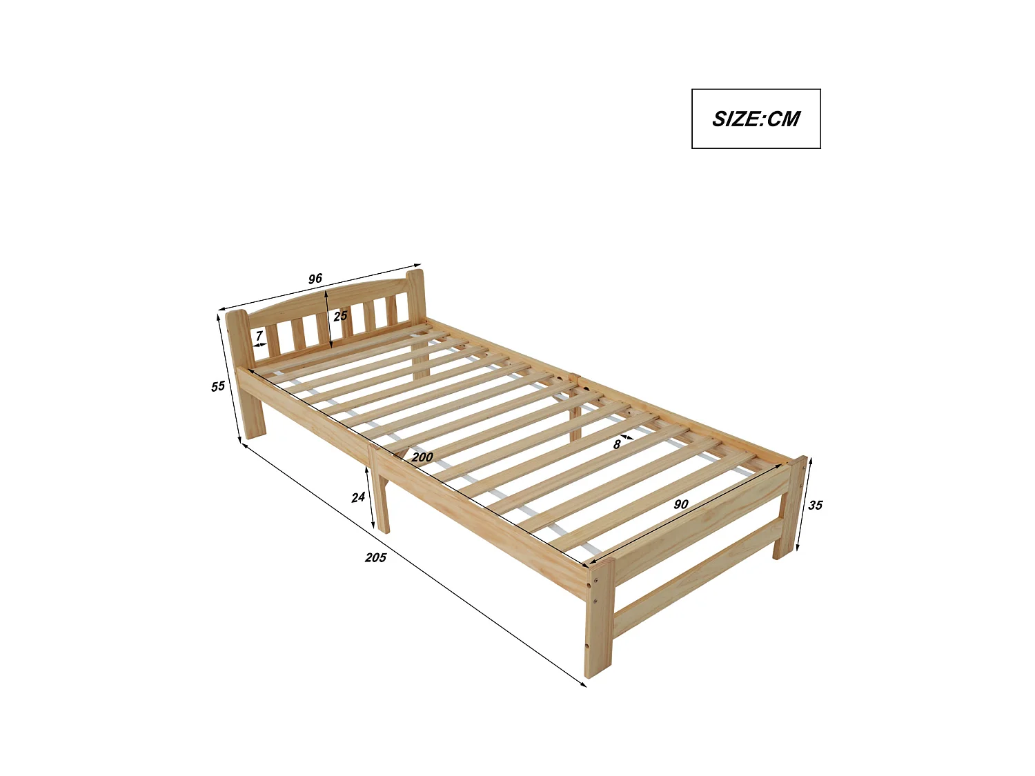 Eenpersoonsbed 90x200 cm in natuurlijk massief hout met hoofdeinde en bedbodem – Futon-stijl, voor tieners of volwassenen