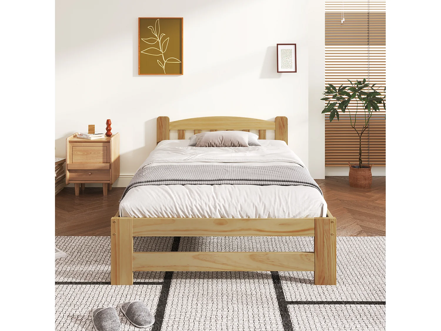 Eenpersoonsbed 90x200 cm in natuurlijk massief hout met hoofdeinde en bedbodem – Futon-stijl, voor tieners of volwassenen