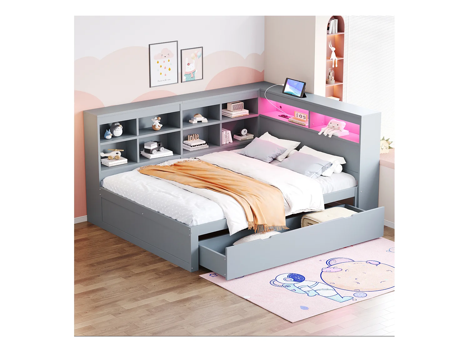 Sofá-cama 140x200 cm em madeira maciça cinza – gavetas XXL, LED, porta USB, prateleiras e amplos espaços de armazenamento