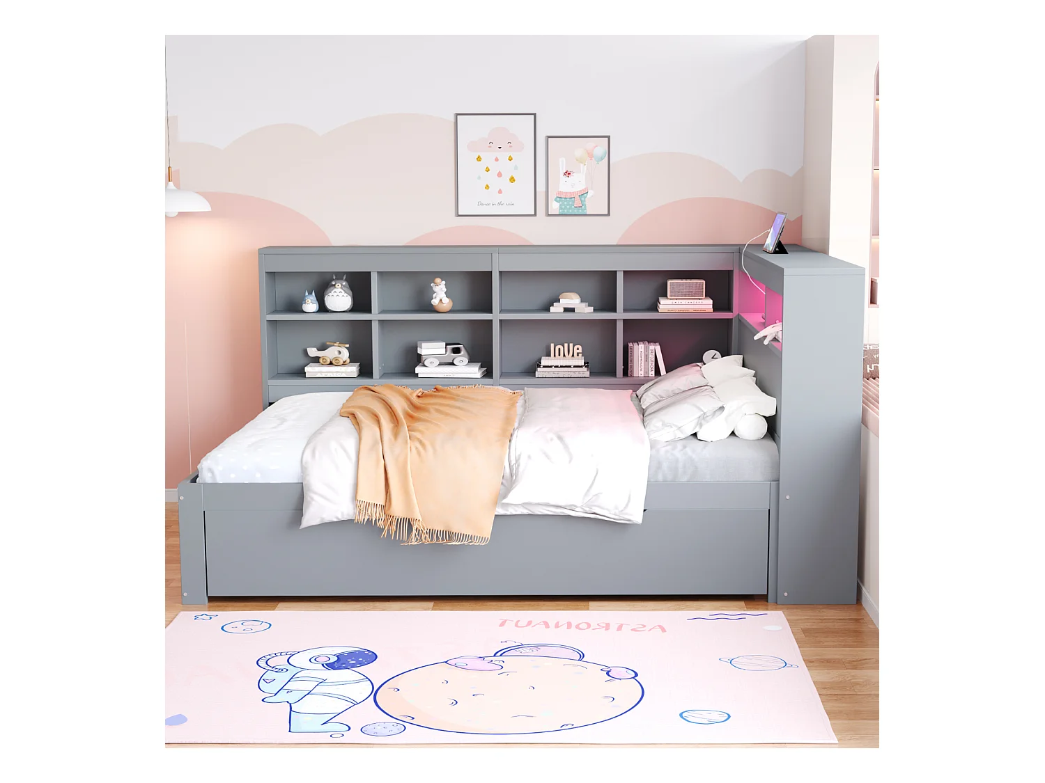 Sofá-cama 140x200 cm em madeira maciça cinza – gavetas XXL, LED, porta USB, prateleiras e amplos espaços de armazenamento