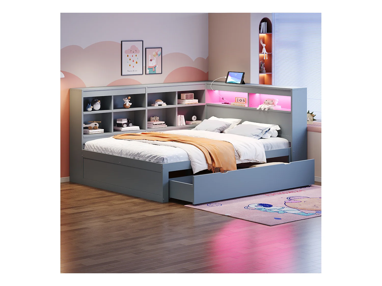 Sofá-cama 140x200 cm em madeira maciça cinza – gavetas XXL, LED, porta USB, prateleiras e amplos espaços de armazenamento