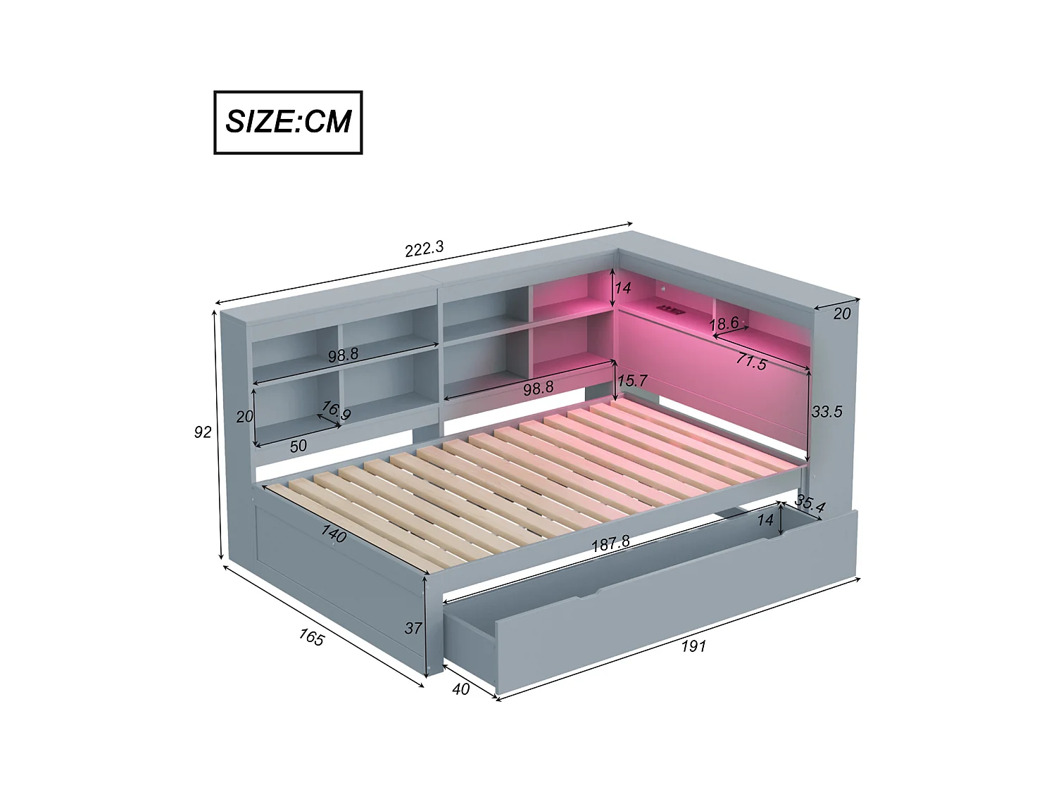 Sofá-cama 140x200 cm em madeira maciça cinza – gavetas XXL, LED, porta USB, prateleiras e amplos espaços de armazenamento