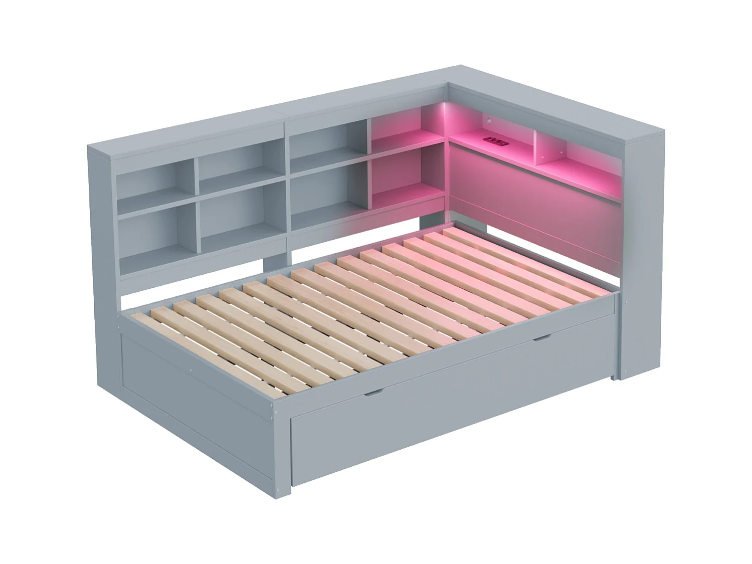 Sofá-cama 140x200 cm em madeira maciça cinza – gavetas XXL, LED, porta USB, prateleiras e amplos espaços de armazenamento