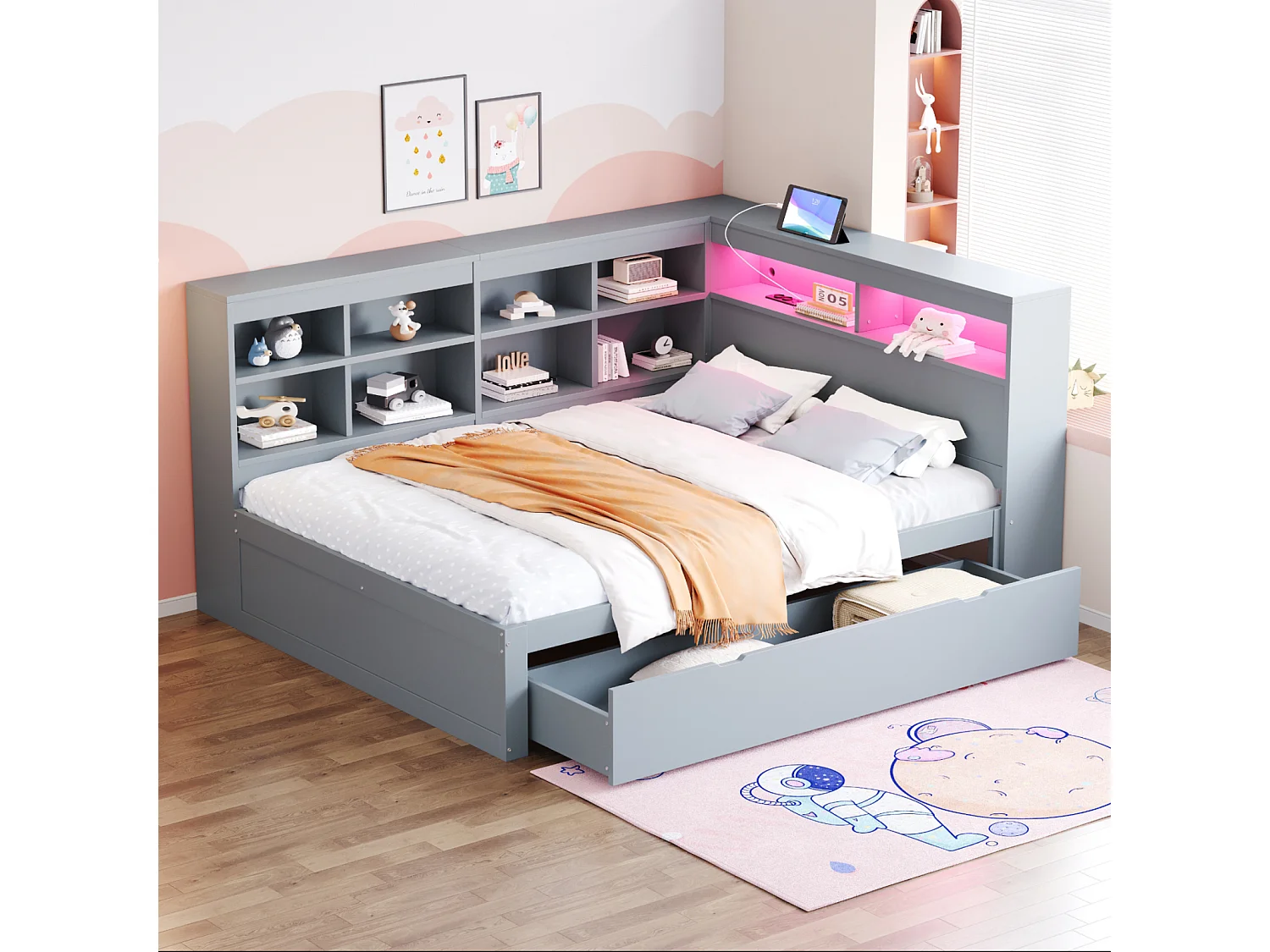 Sofá-cama 140x200 cm em madeira maciça cinza – gavetas XXL, LED, porta USB, prateleiras e amplos espaços de armazenamento