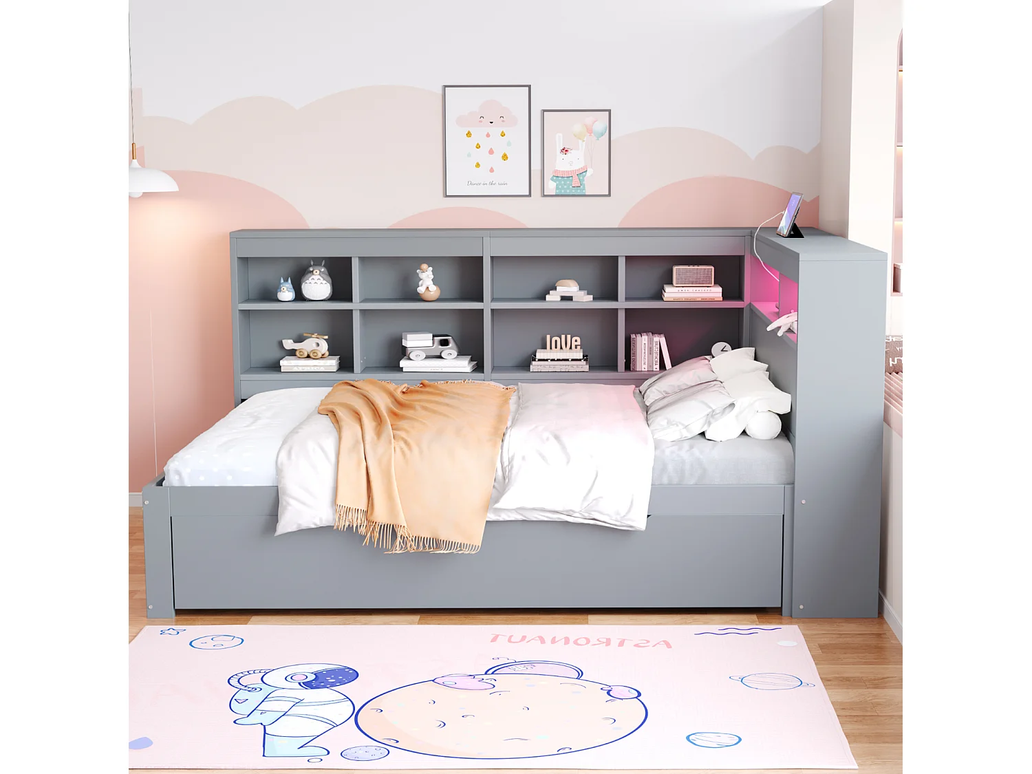 Sofá-cama 140x200 cm em madeira maciça cinza – gavetas XXL, LED, porta USB, prateleiras e amplos espaços de armazenamento