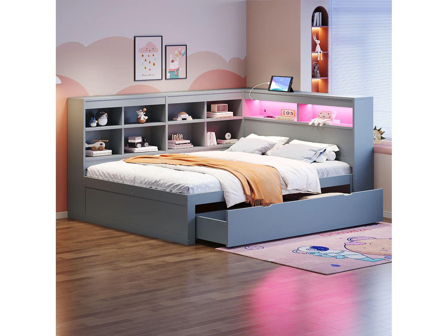 Sofá-cama 140x200 cm em madeira maciça cinza – gavetas XXL, LED, porta USB, prateleiras e amplos espaços de armazenamento