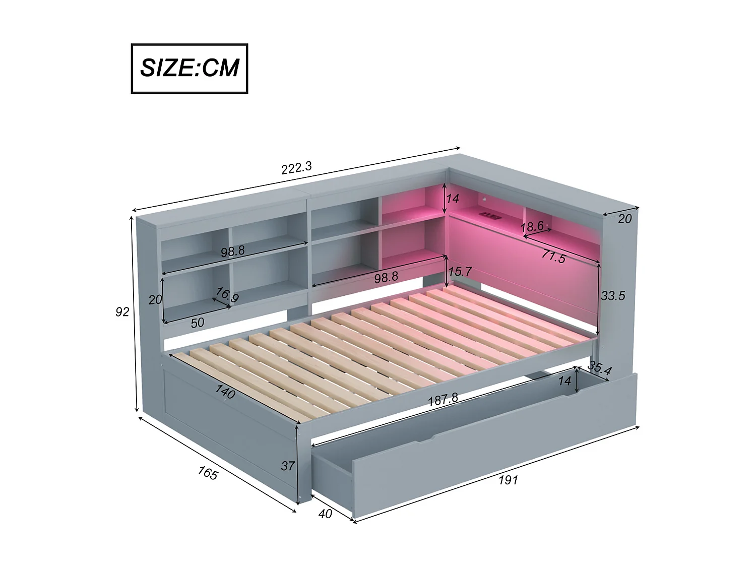 Sofá-cama 140x200 cm em madeira maciça cinza – gavetas XXL, LED, porta USB, prateleiras e amplos espaços de armazenamento