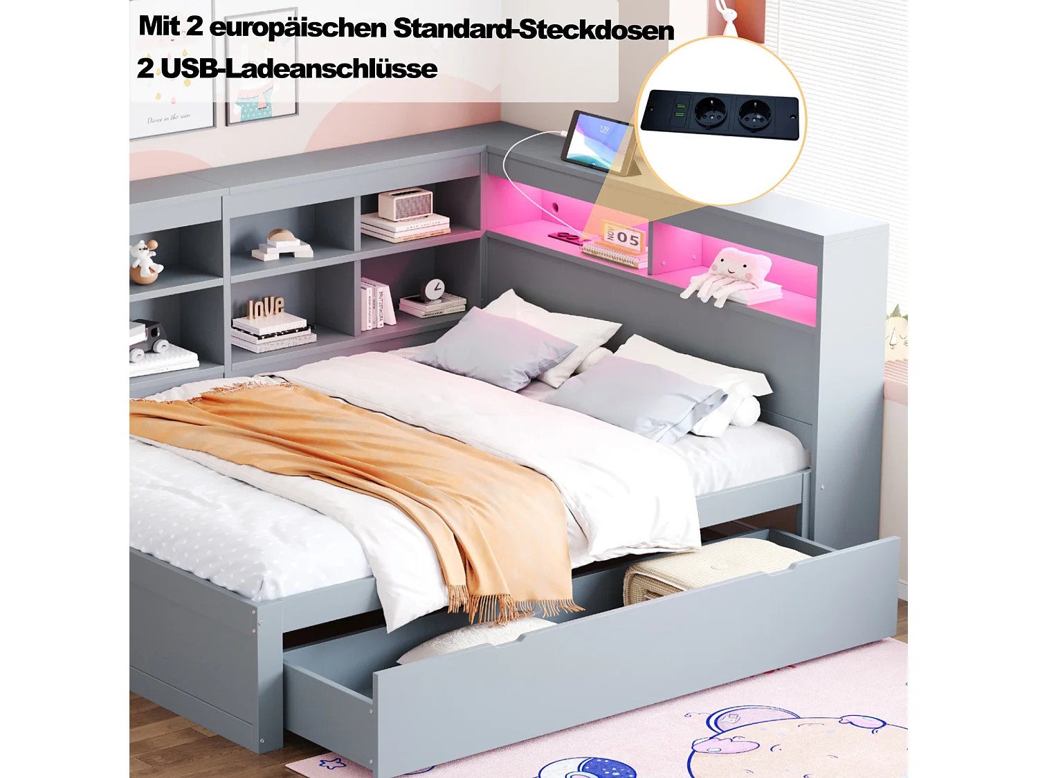 Sofá-cama 140x200 cm em madeira maciça cinza – gavetas XXL, LED, porta USB, prateleiras e amplos espaços de armazenamento