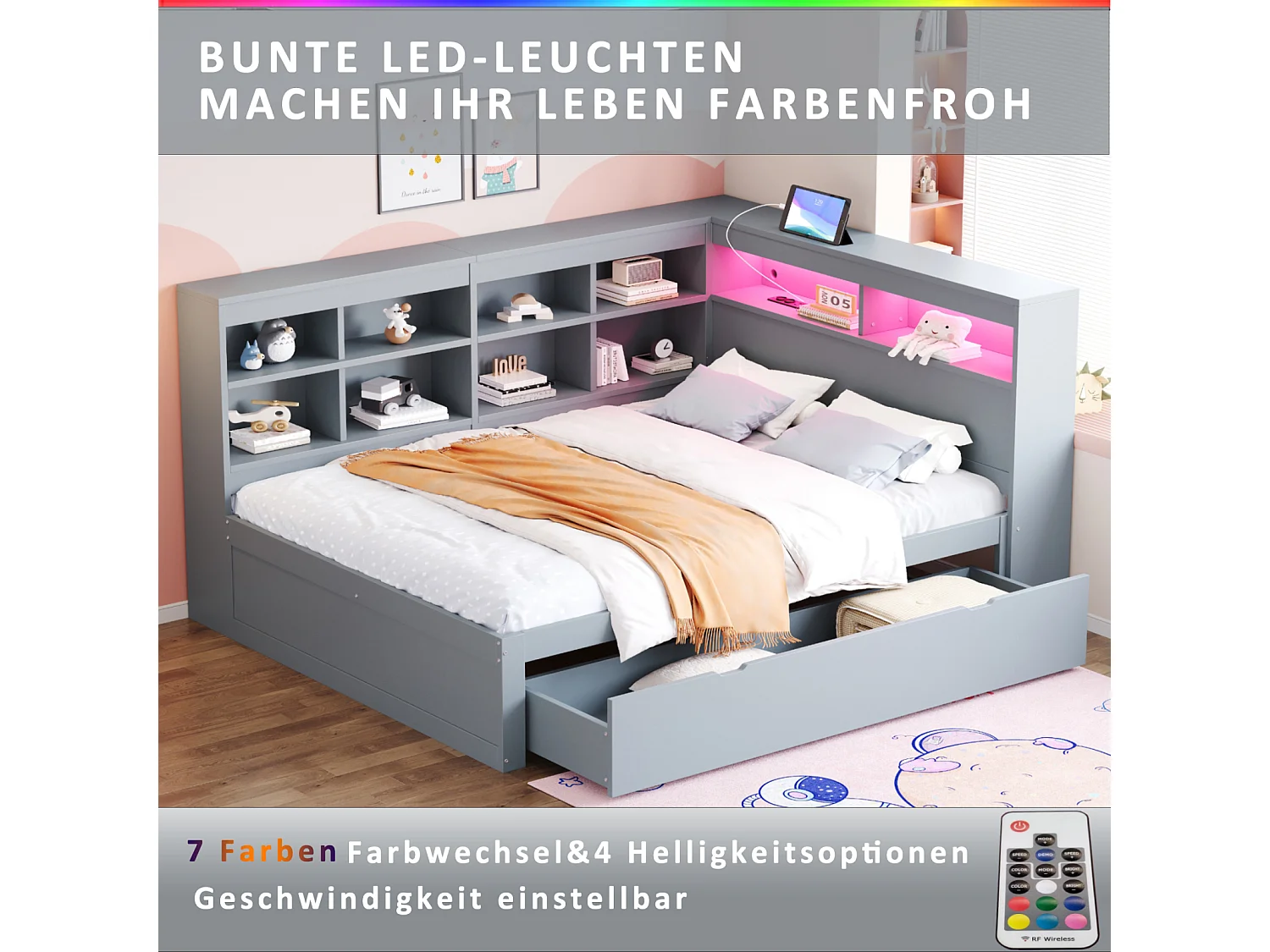 Sofá-cama 140x200 cm em madeira maciça cinza – gavetas XXL, LED, porta USB, prateleiras e amplos espaços de armazenamento