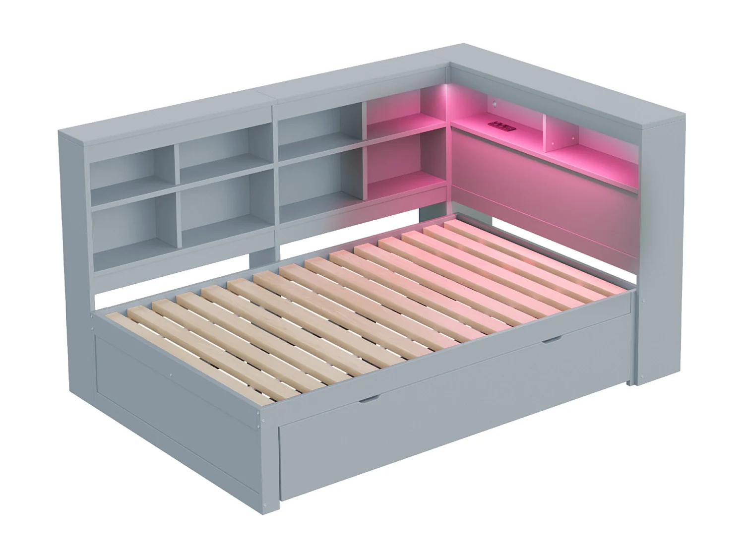 Sofá-cama 140x200 cm em madeira maciça cinza – gavetas XXL, LED, porta USB, prateleiras e amplos espaços de armazenamento