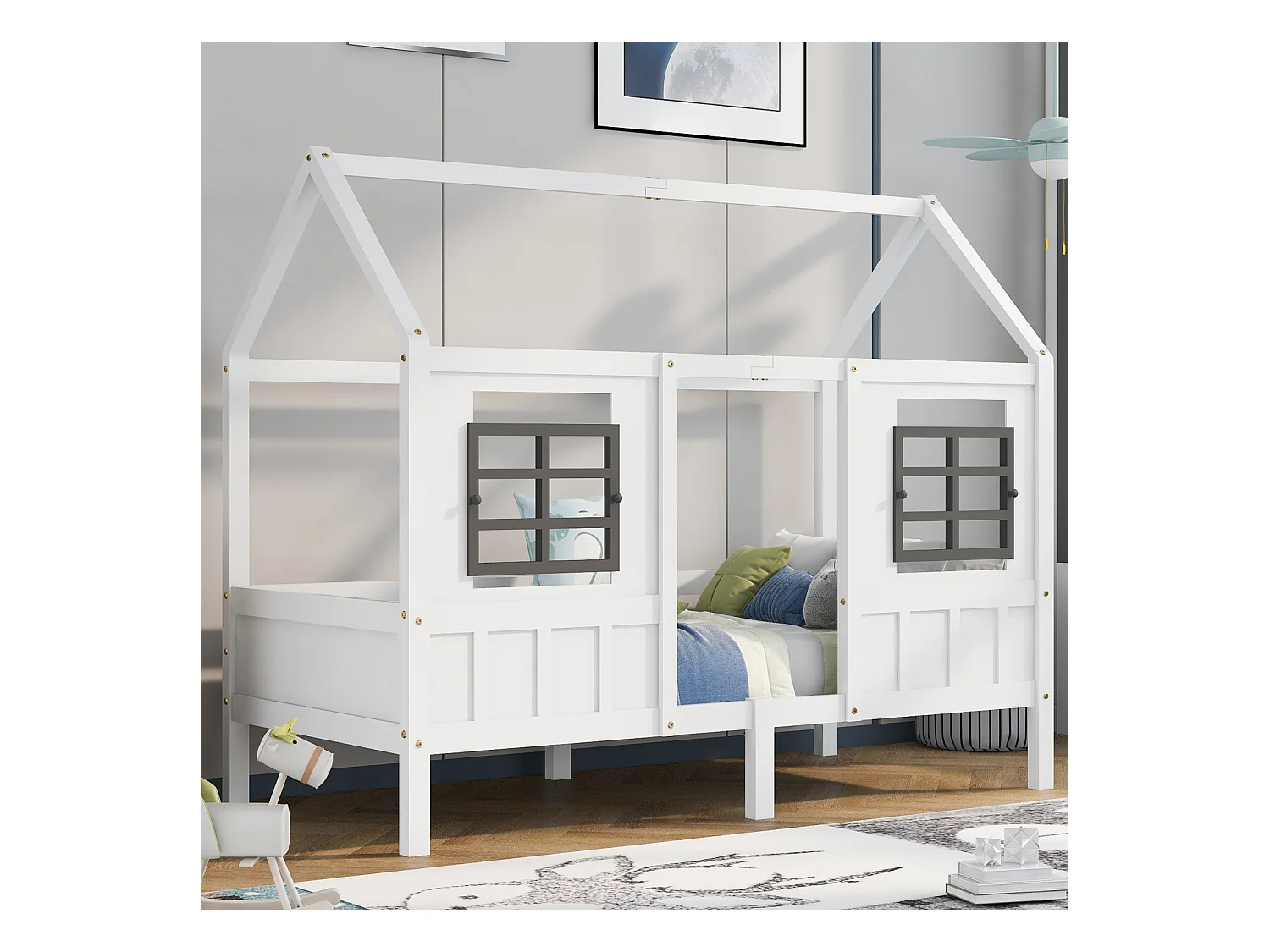 Kajuitbed 90x200 cm in grenen en wit MDF – Kinderbed met 2 ramen, kan gebruikt worden als dagbed