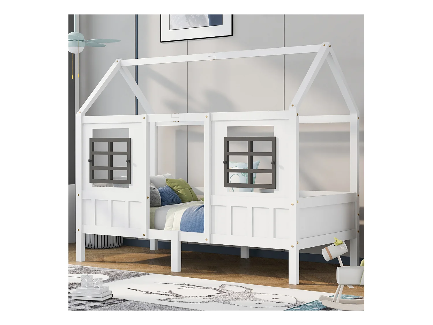 Kajuitbed 90x200 cm in grenen en wit MDF – Kinderbed met 2 ramen, kan gebruikt worden als dagbed