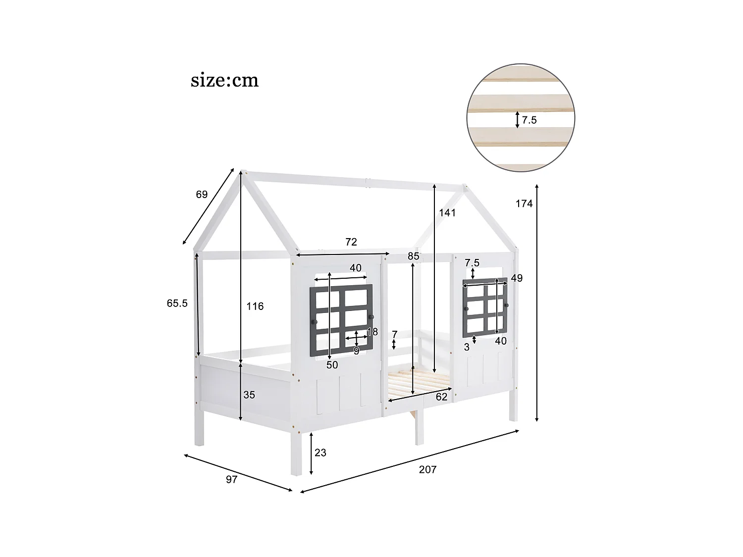 Kajuitbed 90x200 cm in grenen en wit MDF – Kinderbed met 2 ramen, kan gebruikt worden als dagbed