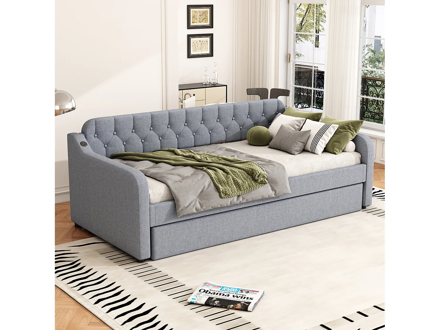 Sofá-cama cinza 90x200 cm com cama retrátil e porta USB – Cama de hóspedes multifuncional