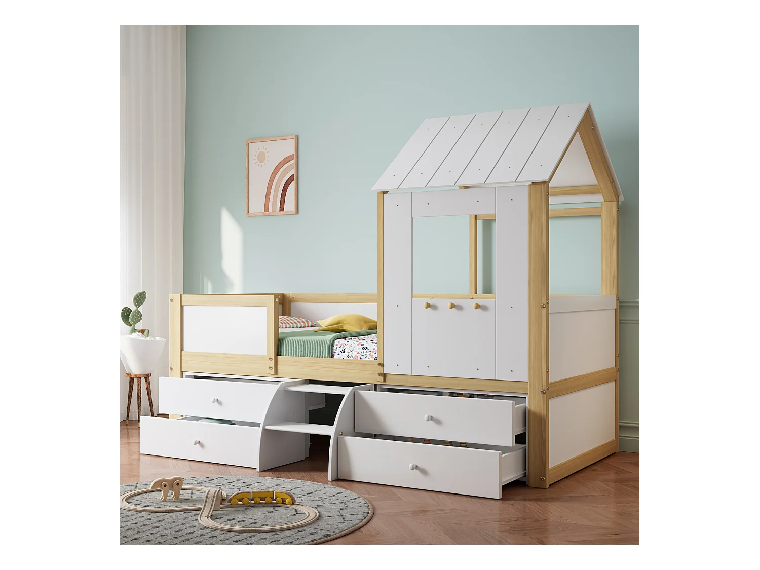 Kinderhoogslaper 90x200 cm in grenen, MDF en multiplex wit/naturel - Met dak, ramen, leuningen, 4 lades en kleine ladder