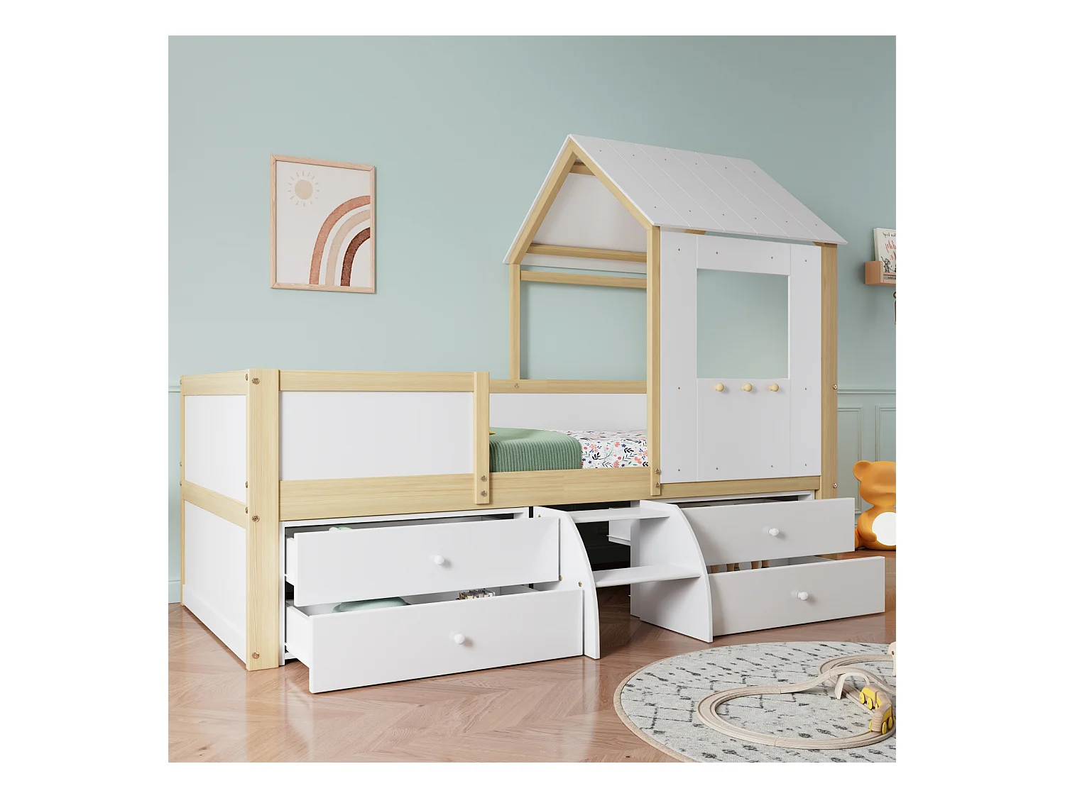 Kinderhoogslaper 90x200 cm in grenen, MDF en multiplex wit/naturel - Met dak, ramen, leuningen, 4 lades en kleine ladder