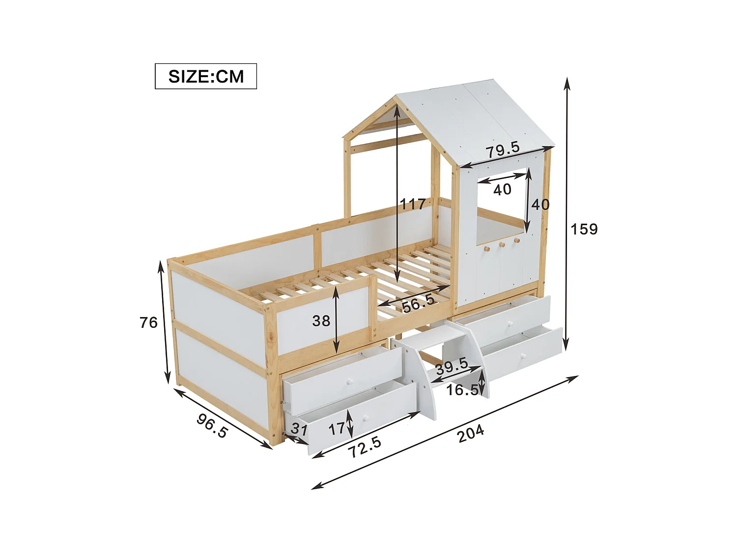 Kinderhoogslaper 90x200 cm in grenen, MDF en multiplex wit/naturel - Met dak, ramen, leuningen, 4 lades en kleine ladder