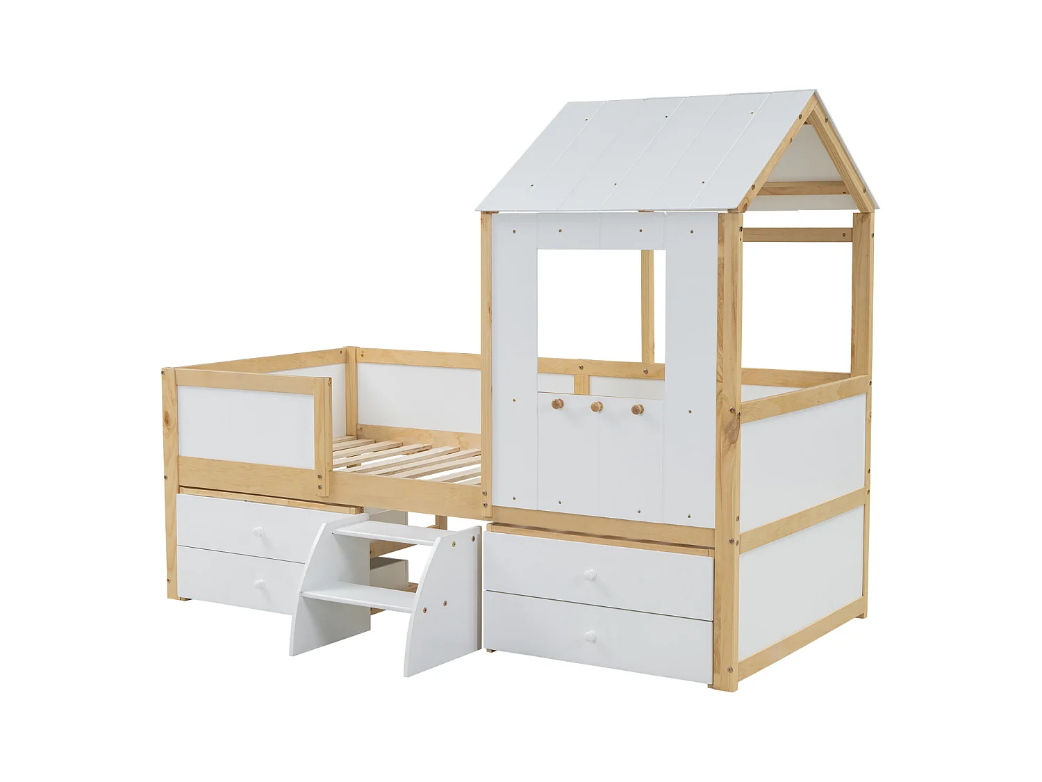 Kinderhoogslaper 90x200 cm in grenen, MDF en multiplex wit/naturel - Met dak, ramen, leuningen, 4 lades en kleine ladder